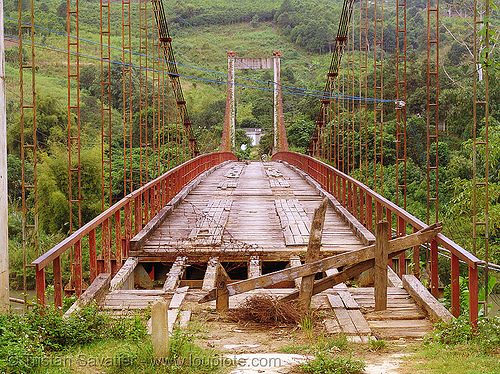 old suspension bridge, disused - vietnam, red, suspension bridge