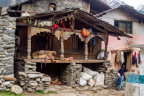 old traditional house with wood carvings in himalayan village (india), carved, child, columns, house, intricate, janki chatti, kid, village, wood carving