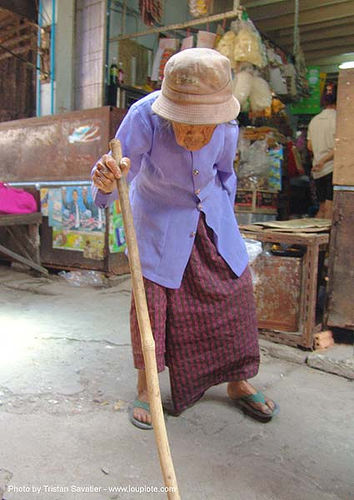old woman with cane - thailand, asian woman, old woman, walking cane