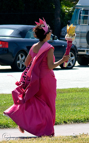 olympic torch relay / run (san francisco), dress, olympic torch relay, olympics, pink, protester, woman