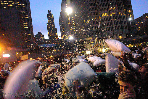 one embarcadero center skyline at the great san francisco pillow fight 2007, crowd, down feathers, duvet, night, pillows, san francisco pillow fight, world pillow fight day