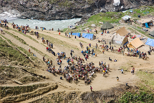 one of the camps on the trail - amarnath yatra (pilgrimage) - kashmir, amarnath yatra, camp, crowd, encampment, hindu pilgrimage, kashmir, mountain river, mountain trail, mountains, pilgrims, river bed, tents