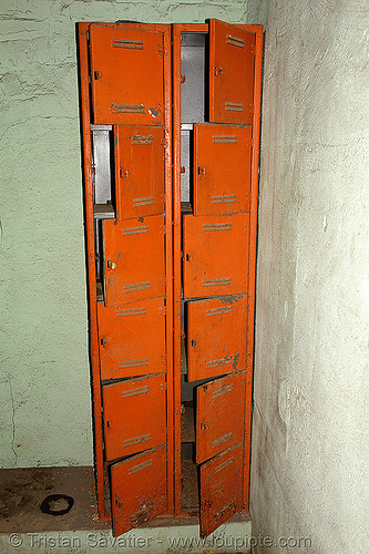 orange lockers - abandoned factory (san francisco), derelict, lockers, orange, tie's warehouse, trespassing