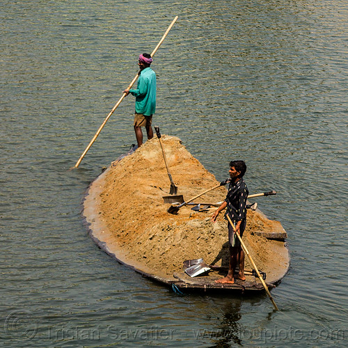 overloaded boat transporting sand (india), cargo, dahut river, freight, loaded, men, overloaded, poles, river boat, sand, shovels, small boat, transport, transporting, west bengal, workers, working