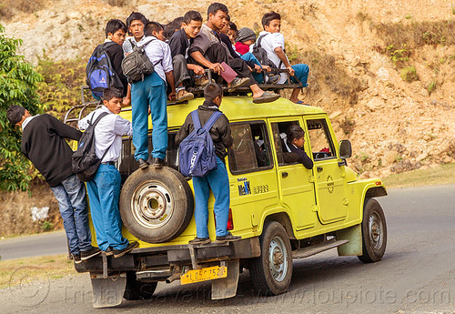 overloaded car - indian school bus (india), 4x4, boys, car, children, crowd, east khasi hills, girls, indigenous, kids, mahindra maxx, meghalaya, nangkiew, overloaded, road, school bus, school jeep, shaphrang, yellow