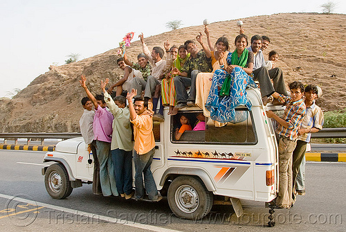 overloaded car - wedding party on mahindra taxi jeep (india), 4x4, car, crowd, indian wedding, jeep, mahindra, men, overloaded, road, taxi, women