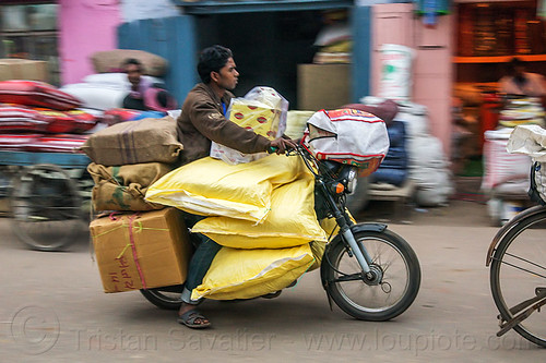 overloaded motorcycle (india), bags, boxes, cargo, freight, heavy, load bearer, man, moving, overloaded, rider, riding, sacks, transport, transportation, transporting, underbone motorcycle, varanasi, wallah