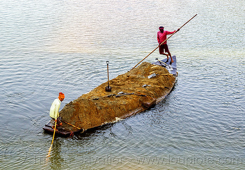 overloaded sand boat (india), cargo, dahut river, freight, loaded, men, overloaded, poles, river boat, sand, shovels, small boat, transport, transporting, west bengal, workers, working