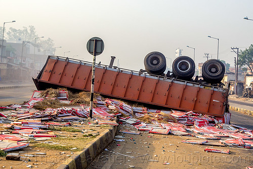 overturned semi-trailer with spilled load (india), artic, articulated truck, crash, median, overturned, road, rollover, semi trailer, tractor trailer, traffic accident, wreck