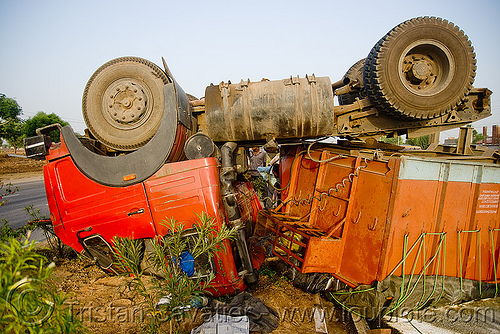 overturned semi truck - big rig accident - (india), artic, articulated lorry, cabin, collision, crushed, lorry accident, overturned truck, road crash, rollover, semi truck, semi-trailer, tata motors, tractor trailer, traffic accident, traffic crash, truck accident, up side down, wreck