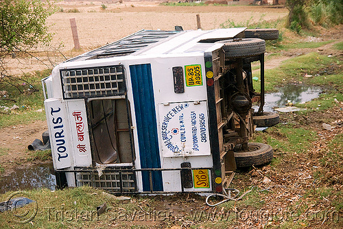 overturned tourist bus (india), crash, ditch, overturned, road, rollover, tourist bus, traffic accident, wreck