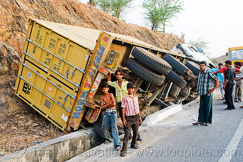 overturned truck (india), crash, ditch, lorry accident, men, overturned truck, road, rollover, tata motors, traffic accident, truck accident, wreck