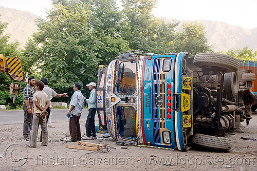 overturned truck - kashmir, kashmir, lorry accident, overturned truck, road, rollover, tata motors, traffic accident, truck accident