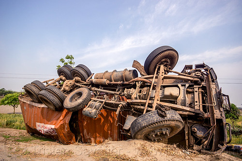 overturned truck - tata - accident (india), crash, ditch, lorry accident, overturned, road, rollover, tata motors, traffic accident, truck accident, twisted, underbelly, up-side-down, west bengal, wreck