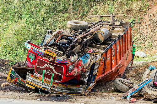overturned truck - traffic accident (india), cabin, crash, crushed, ditch, lorry accident, overturned, road, rollover, tata motors, traffic accident, truck accident, underbelly, up-side-down, wreck