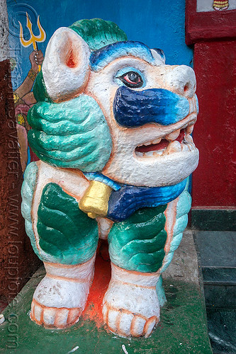 painted stone lion statue at temple (india), colorful, darjeeling, hindu temple, hinduism, mustache, observatory hill, painted, sculpture, statue, stone lion
