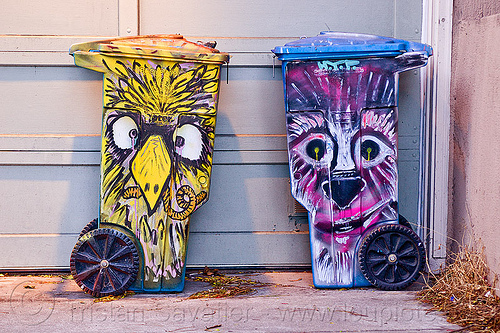 painted trash bins - urban wildlife, cartoonish, earthworm, garage door, hand painted, owl, raccoon, trash bins, trash cans, trash containers, urban wildlife, worm