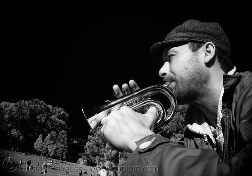 pan playing piccolo trumpet, brass, golden gate park, man, musician, near infrared, piccolo trumpet, small trumpet