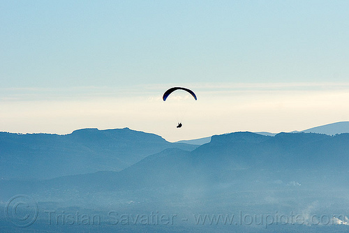 paragliding - paraglider flying in hazy sky, backlight, flying, freedom, haze, hazy, horizon, lonely, paraglider, paragliding, peaceful, silhouette