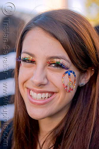 peace sign bindi - rainbow eyelashes - girl, bindis, eyelashes, jewelry, lovevolution, peace sign, rainbow colors, v sign, victory sign, woman