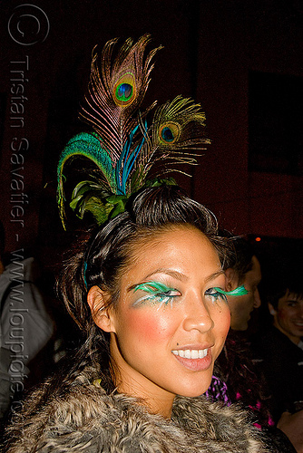 peacock feathers headdress - jane, costume, eyelashes, ghostship 2009, halloween, jane, party, peacock feathers, woman