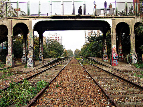 pedestrian bridge - petite ceinture - abandoned railway (paris, france), bridge, graffiti, railroad tracks, railway tracks, trespassing