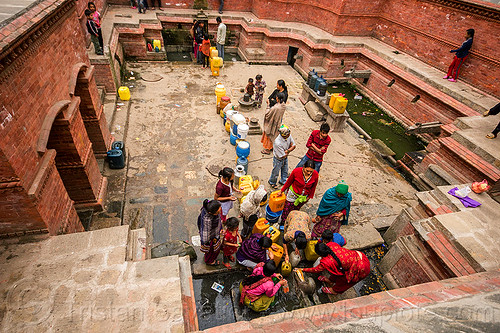 people filling jerrycans at old water fountain in kathmandu (nepal), filling, fountain, jerrycans, kathmandu