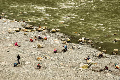 people gold panning on teesta river bank (india), geology, mineral, mining, river bank, teesta river, tista river, west bengal