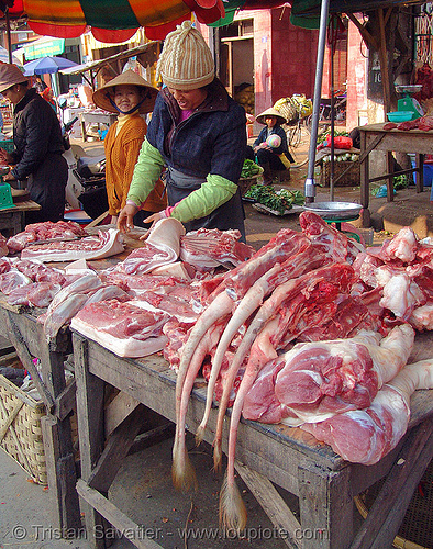 pig tails on sale! - vietnam, asian woman, butcher, lang sơn, meat market, meat shop, pig tails, pork, raw meat, stall, street market, street seller