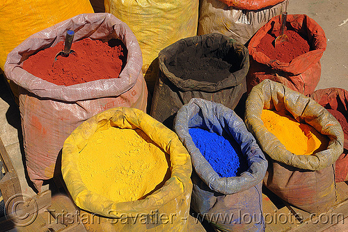 pigments powder bags, bags, color dyes, coloring, istanbul, paint dyes, pigments, powder, street market, street seller