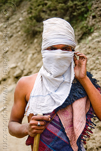 pilgrim with head cover - amarnath yatra (pilgrimage) - kashmir, amarnath yatra, dust mask, face mask, hindu pilgrimage, kashmir, man, mountain trail, mountains, pilgrim