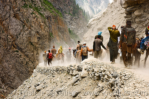 pilgrims and ponies on dusty trail - amarnath yatra (pilgrimage) - kashmir, amarnath yatra, hindu pilgrimage, kashmir, mountain trail, mountains, pilgrims