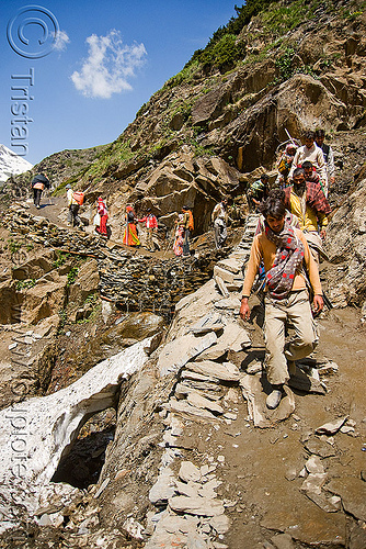 pilgrims on trail - amarnath yatra (pilgrimage) - kashmir, amarnath yatra, hindu pilgrimage, kashmir, mountain trail, mountains, pilgrims, snow, walking