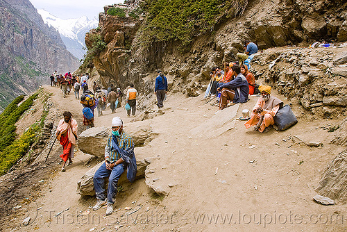 pilgrims resting on trail - amarnath yatra (pilgrimage) - kashmir, amarnath yatra, hindu pilgrimage, kashmir, mountain trail, mountains, pilgrims, resting