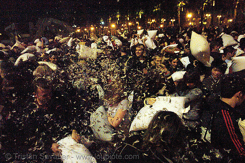pillow fight 2007, crowd, down feathers, duvet, night, pillows, san francisco pillow fight, world pillow fight day