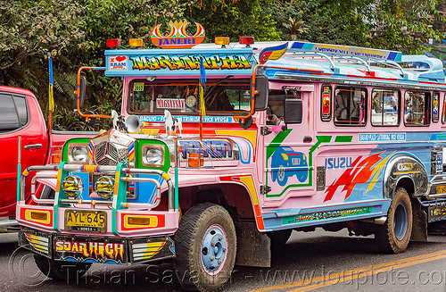 pink and blue jeepney (philippines), baguio, colorful, decorated, jeepneys, painted, road, truck