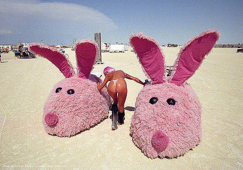 pink bunny slippers - burning man 2003, art car, bunnies, bunny slippers, burning man art cars, greg solberg, lisa pongrace, mutant vehicles, pink, rabbits