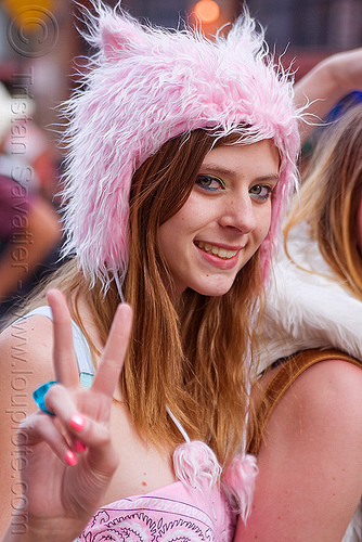 pink fuzzy hat, brianna, peace sign, pink fuzzy hat, v sign, victory sign, woman