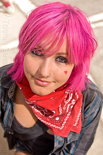 pink hair, bandana, chloe, chloë, green eyed, green eyes, nose piercing, nose ring, nostril piercing, pink hair, red, woman