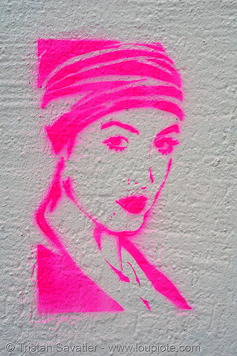 pink stencil graffiti, graffiti, neon color, neon pink, stencil, street art, white, woman