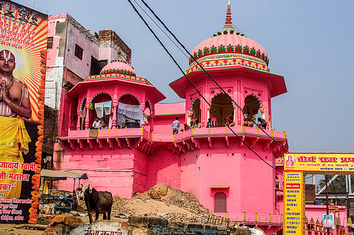 pink temple in daraganj (india), architecture, building, daraganj, hindu pilgrimage, hindu temple, hinduism, kumbh mela, pink, towers