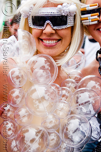 plastic bubbles costume - woman, bay to breakers, blonde, bubble costume, fashion, footrace, lady gaga, novelty sunglasses, plastic bubbles, street party, transparent plastic balls, woman