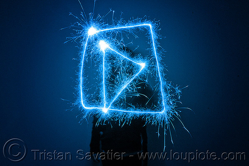 play button - light painting with a blue sparkler, blue, dark, icon, light drawing, light painting, play button, sarah, silhouette, sparklers, sparkles, symbol