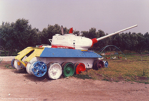 playground in israel - t-34 tank, army tank, colorful, gun, israel, military, playground, rainbow colors, russian, sovietic, t-34 tank