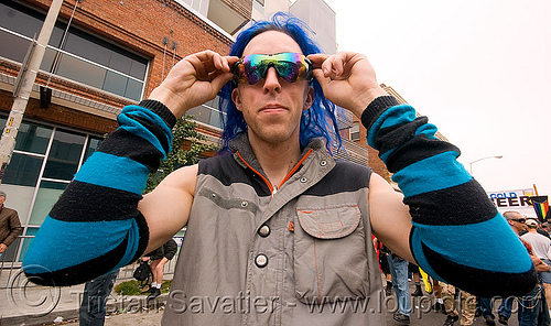 poi toy with blue sunglasses - dore alley fair (san francisco), blue, man, poi toy, ray-ban, sunglasses