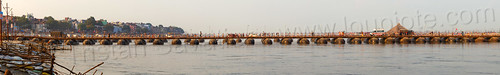 pontoon bridges over ganges river - panorama - kumbh mela 2013 (india), ashrams, floating bridge, foot bridge, ganga, ganges river, hindu pilgrimage, hinduism, kumbh mela, metal tanks, panorama, pontoon bridge, pyramid, walking