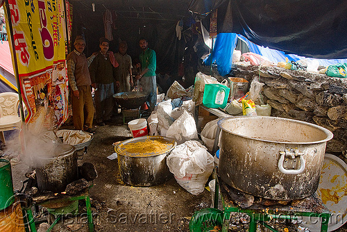 pots of food in langar (free community kitchen) - amarnath yatra (pilgrimage) - kashmir, amarnath yatra, community kitchen, cooking, cooks, food, free kitchen, hindu pilgrimage, kashmir, langar, pilgrim