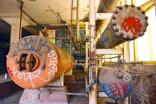 pressure tanks in abandoned factory (san francisco), cylinders, derelict, graffiti, pipes, rusty, street art, tie's warehouse, trespassing