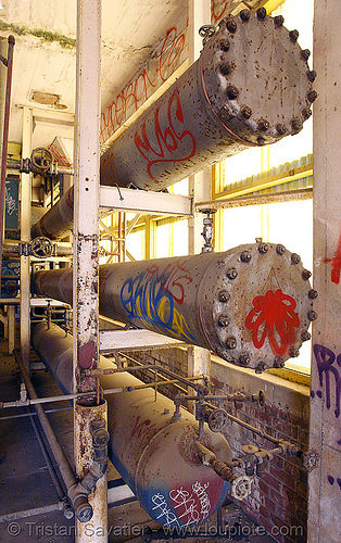 pressure tanks - tubes, derelict, pipes, rusty, street art, tie's warehouse, trespassing, tubes