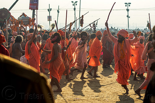 procession of hindu devotees near sangam - kumbh mela (india), babas, crowd, hindu pilgrimage, hinduism, kumbh maha snan, kumbh mela, mauni amavasya, men, sadhus, triveni sangam